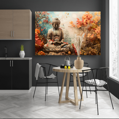 Mediterende Boeddha tussen herfstbladeren acrylglas