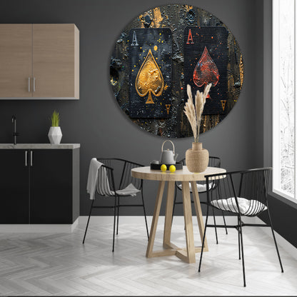Minimalistisch Speelkaarten in Goud en Rood aluminium muurcirkel