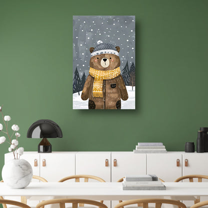 Beer met warme jas in sneeuwlandschap canvas met baklijst