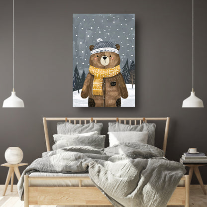 Beer met warme jas in sneeuwlandschap canvas met baklijst