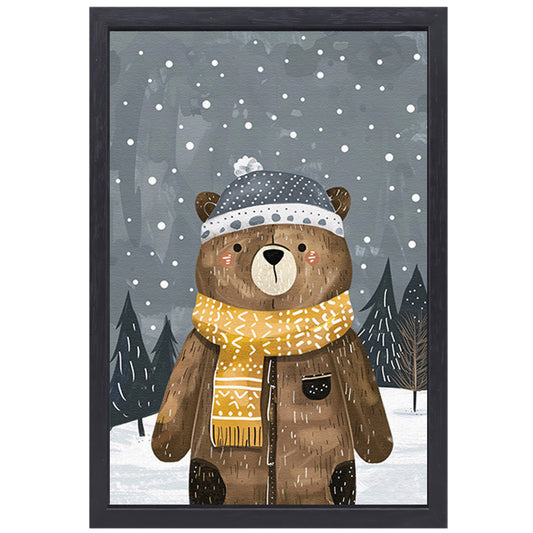Beer met warme jas in sneeuwlandschap canvas met baklijst