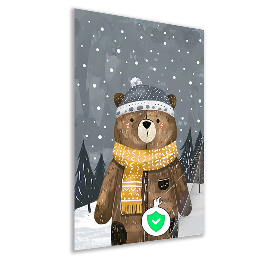 Beer met warme jas in sneeuwlandschap poster