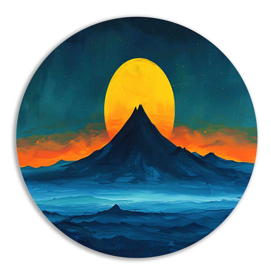 Abstract berglandschap met zonsondergang kleuren aluminium muurcirkel