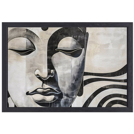Surrealistisch boeddha schilderij in zwart-wit canvas met baklijst