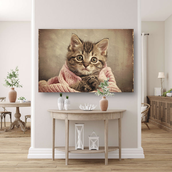 Schattige kitten gewikkeld in roze trui poster