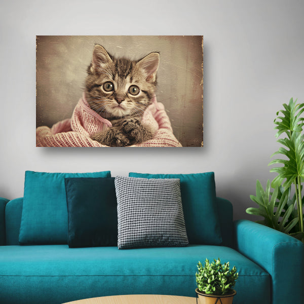 Schattige kitten gewikkeld in roze trui canvas