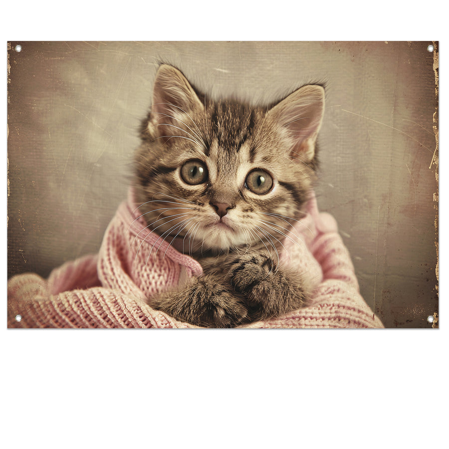Schattige kitten gewikkeld in roze trui tuinposter