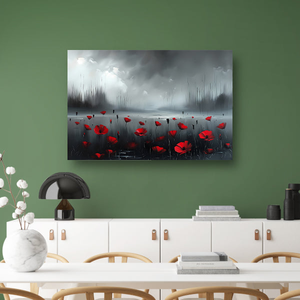 Rode bloemen in een mistig landschap canvas