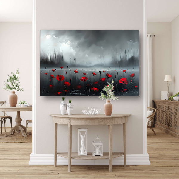 Rode bloemen in een mistig landschap canvas