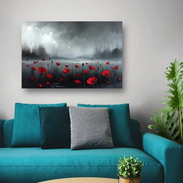 Rode bloemen in een mistig landschap canvas