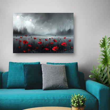 Rode bloemen in een mistig landschap canvas