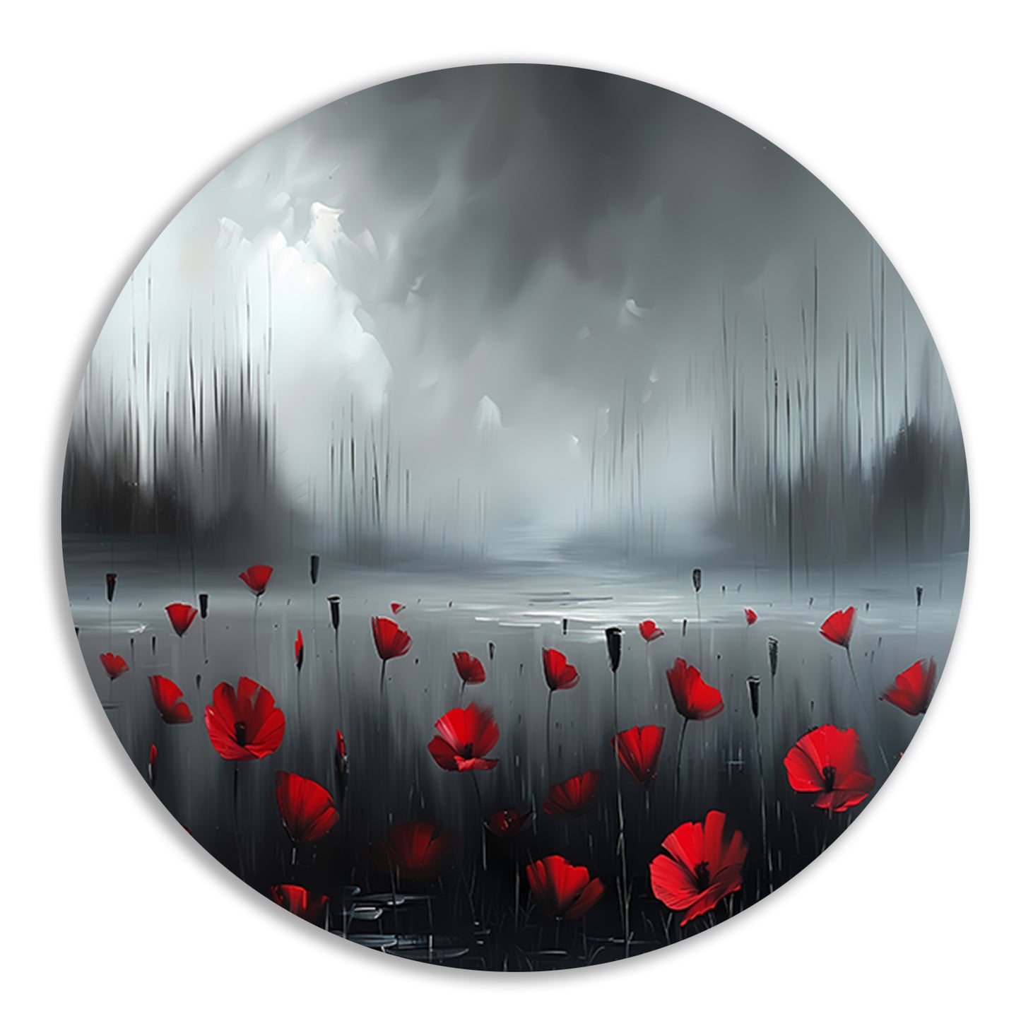 Rode bloemen in een mistig landschap forex muurcirkel
