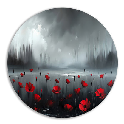 Rode bloemen in een mistig landschap forex muurcirkel