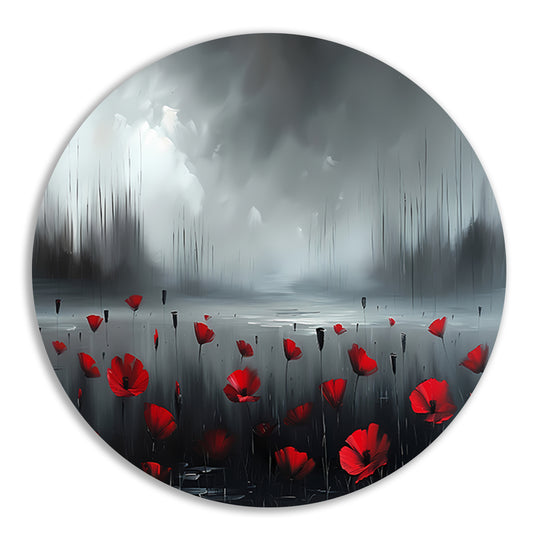 Rode bloemen in een mistig landschap forex muurcirkel