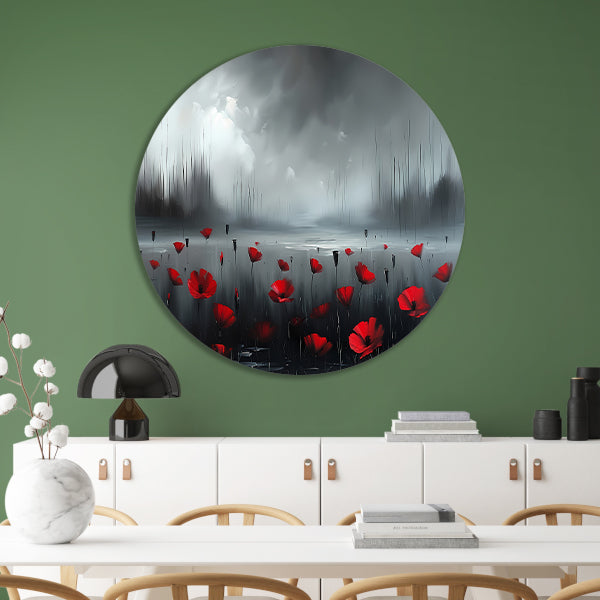 Rode bloemen in een mistig landschap forex muurcirkel
