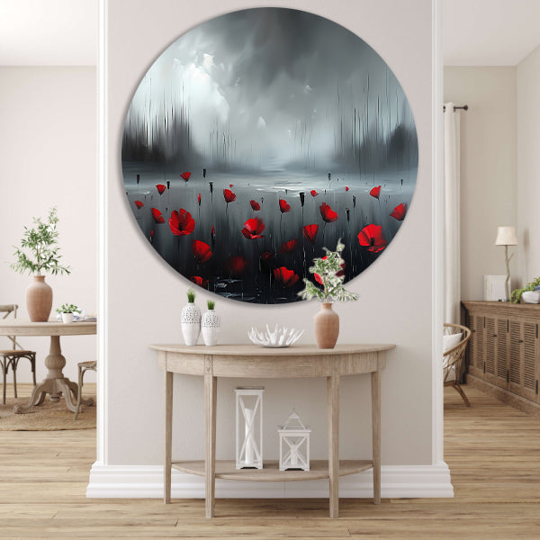 Rode bloemen in een mistig landschap forex muurcirkel