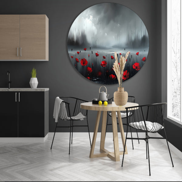 Rode bloemen in een mistig landschap forex muurcirkel