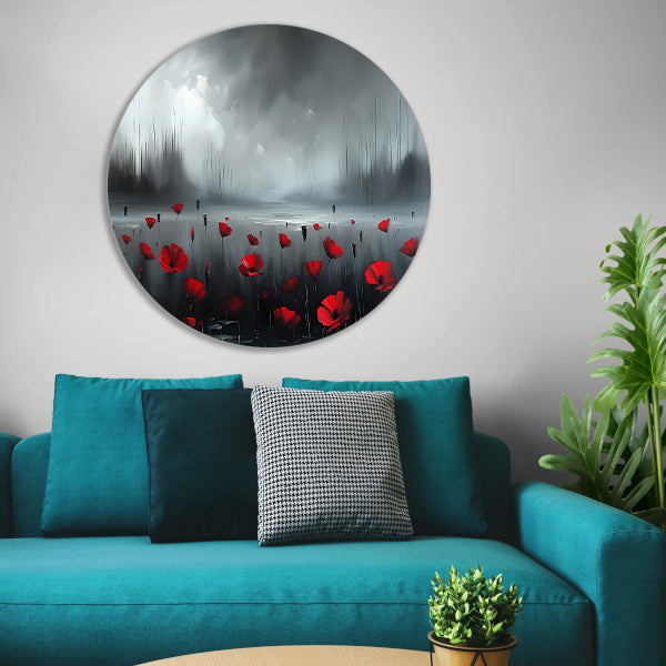 Rode bloemen in een mistig landschap forex muurcirkel