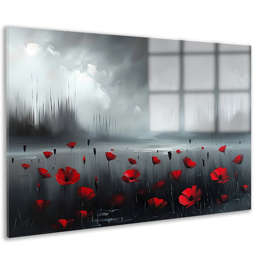 Rode bloemen in een mistig landschap acrylglas