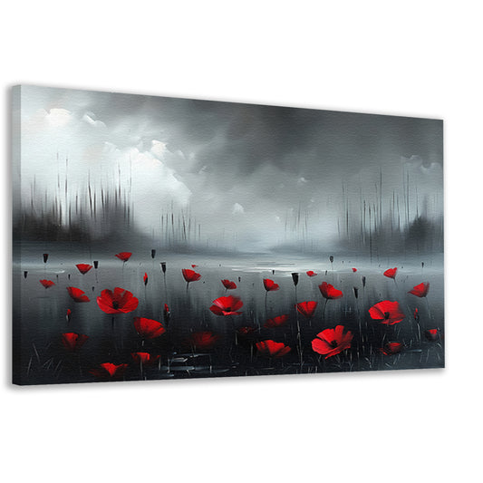 Rode bloemen in een mistig landschap canvas