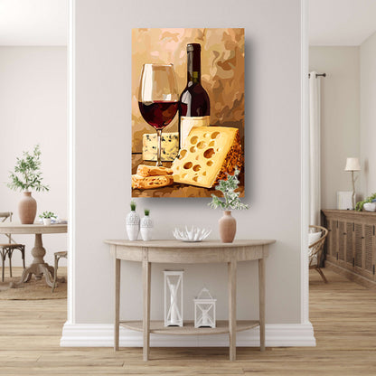 Schilderij van wijn en kaas stilleven poster