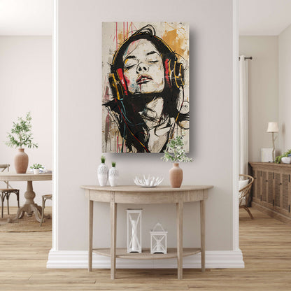 Portret met koptelefoon in dynamische kleuren canvas