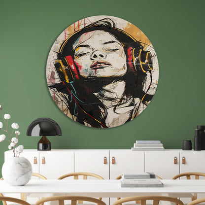 Portret met koptelefoon in dynamische kleuren aluminium muurcirkel