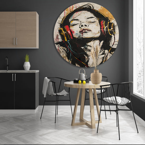 Portret met koptelefoon in dynamische kleuren aluminium muurcirkel