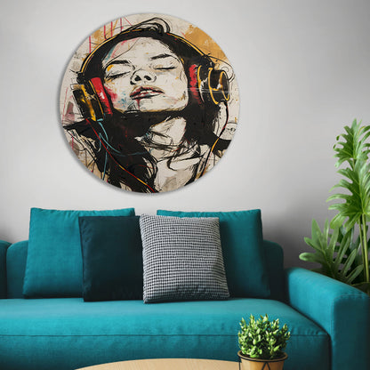 Portret met koptelefoon in dynamische kleuren aluminium muurcirkel