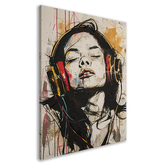 Portret met koptelefoon in dynamische kleuren canvas