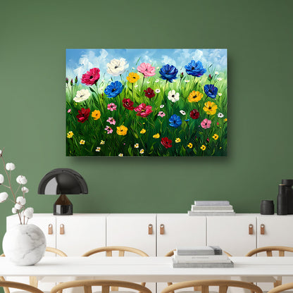 Kleurrijk bloemenveld onder een blauwe lucht acrylglas