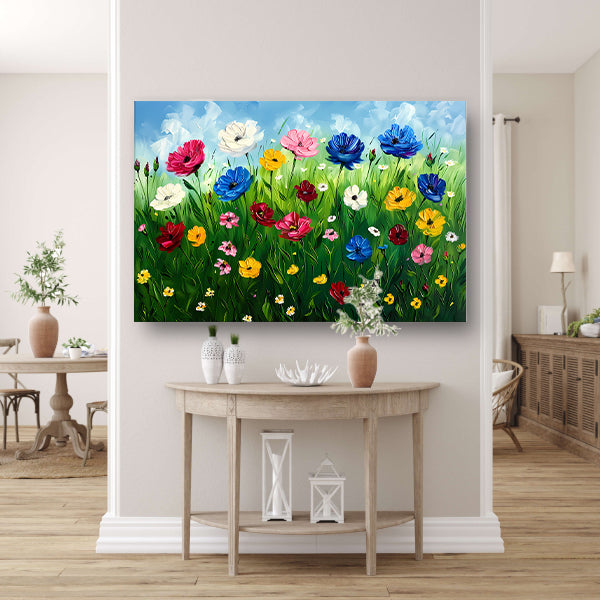 Kleurrijk bloemenveld onder een blauwe lucht acrylglas