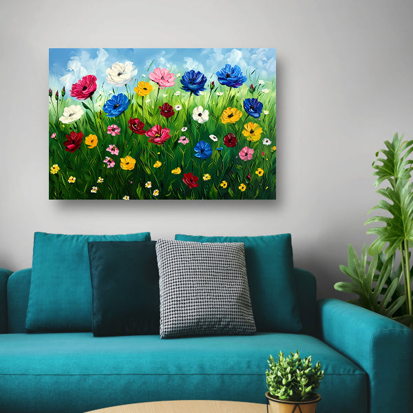 Kleurrijk bloemenveld onder een blauwe lucht canvas