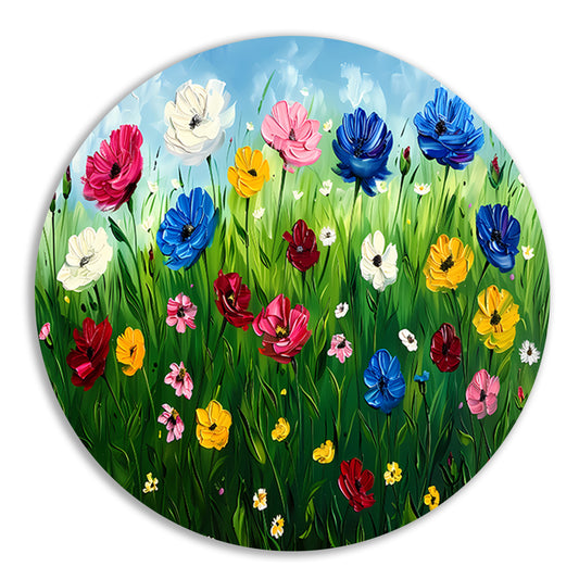 Kleurrijk bloemenveld onder een blauwe lucht aluminium muurcirkel