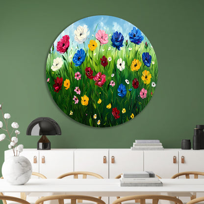 Kleurrijk bloemenveld onder een blauwe lucht aluminium muurcirkel