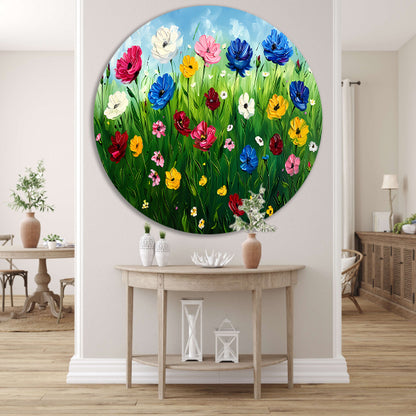 Kleurrijk bloemenveld onder een blauwe lucht forex muurcirkel