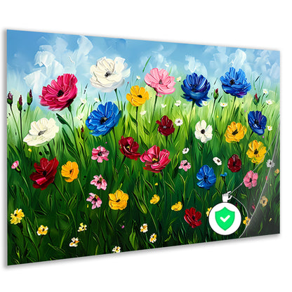 Kleurrijk bloemenveld onder een blauwe lucht poster