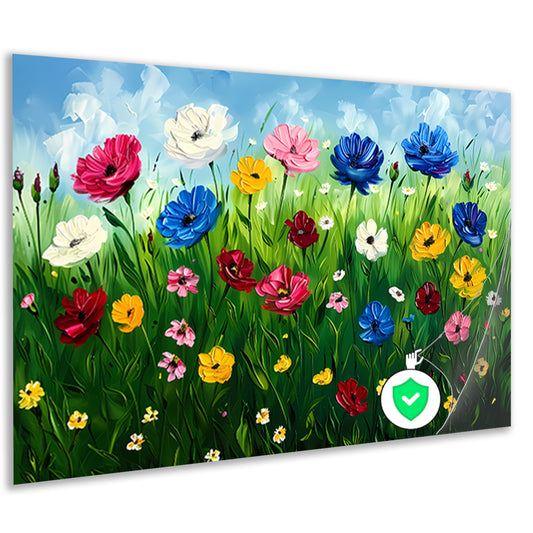 Kleurrijk bloemenveld onder een blauwe lucht poster