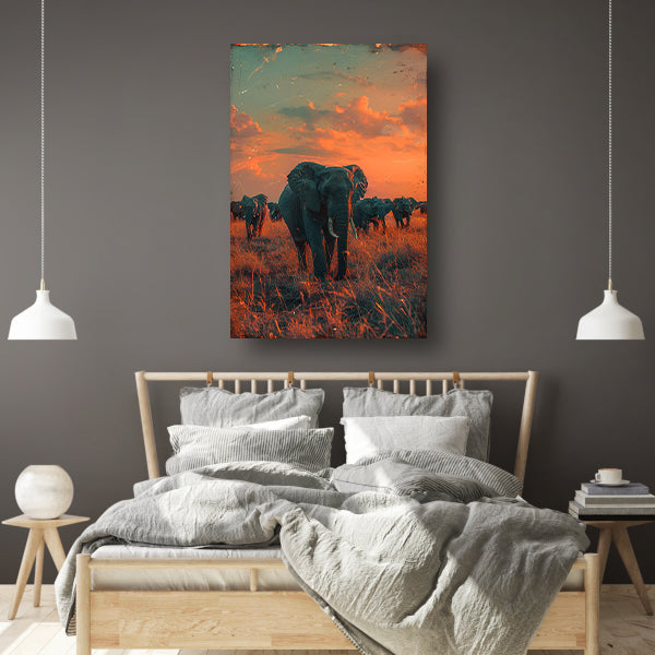 Olifantenkudde traverseert savanne poster