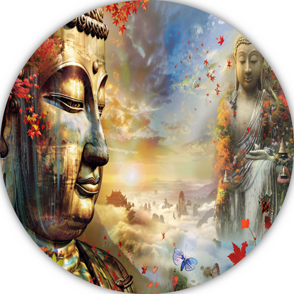 Boeddha in Herfstpracht met Vlinders aluminium muurcirkel