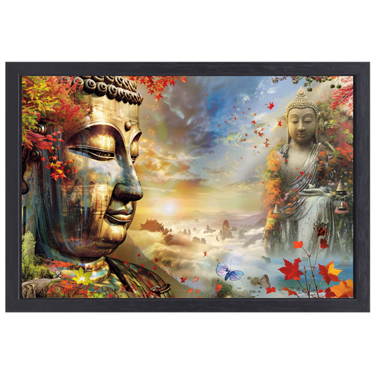 Boeddha in Herfstpracht met Vlinders canvas met baklijst