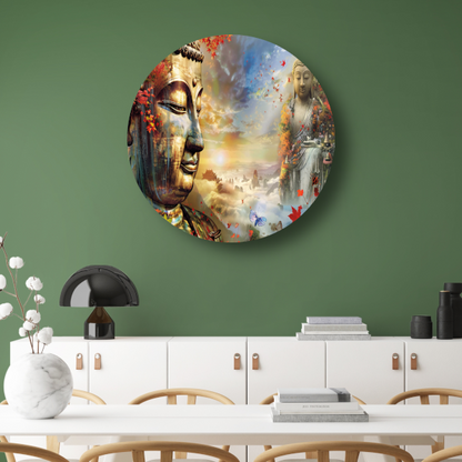 Boeddha in Herfstpracht met Vlinders aluminium muurcirkel