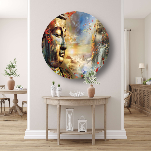 Boeddha in Herfstpracht met Vlinders aluminium muurcirkel