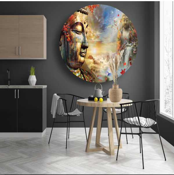 Boeddha in Herfstpracht met Vlinders aluminium muurcirkel