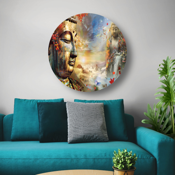 Boeddha in Herfstpracht met Vlinders aluminium muurcirkel