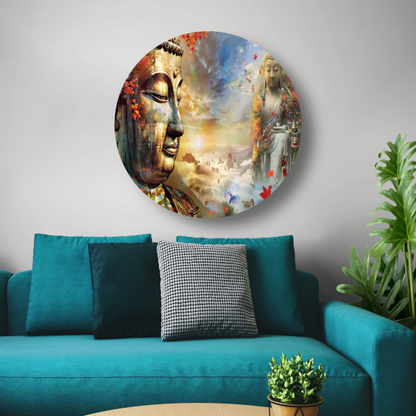 Boeddha in Herfstpracht met Vlinders aluminium muurcirkel