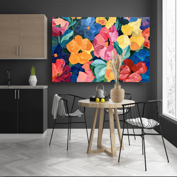 Abstracte explosie van kleurrijke bloemen en bladeren poster
