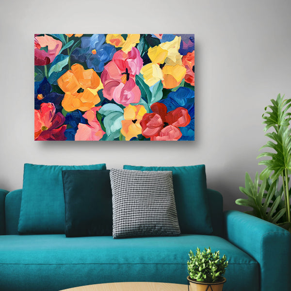 Abstracte explosie van kleurrijke bloemen en bladeren poster