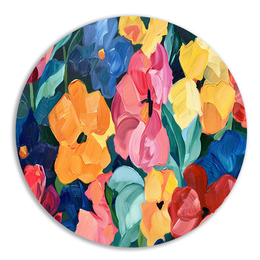 Abstracte explosie van kleurrijke bloemen en bladeren aluminium muurcirkel