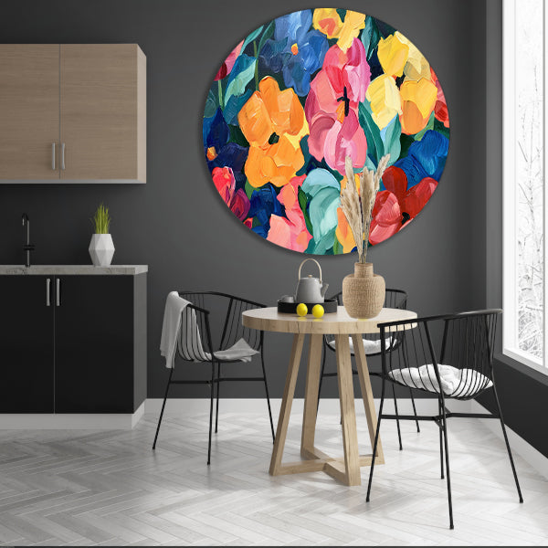 Abstracte explosie van kleurrijke bloemen en bladeren forex muurcirkel